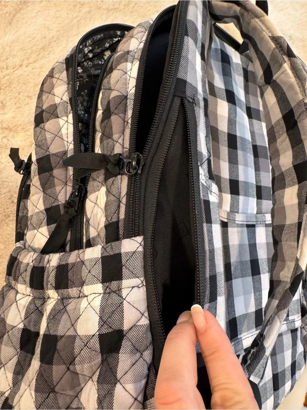 Vera Bradley Cotton Campus Backpack, Kingbird Plaid, One Size Black & White - Picture 9 of 15